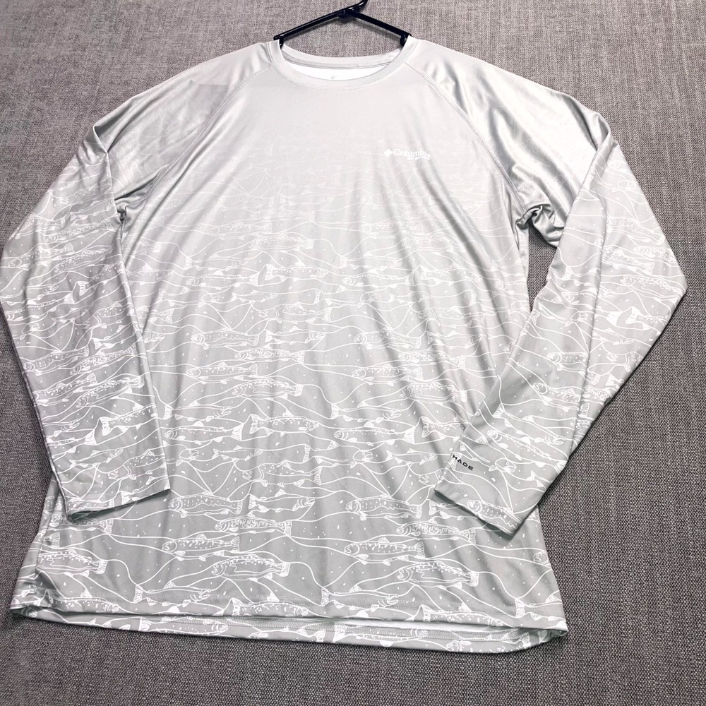 Columbia PFG Fishing Gear Shirt Mens Medium Gray Fish Print Long Sleeve FM5398